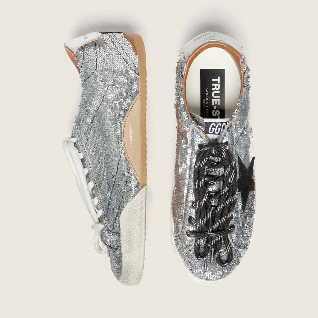 Golden Goose True-Star in silver sequins with black star and silver leather heel tab(Women's)